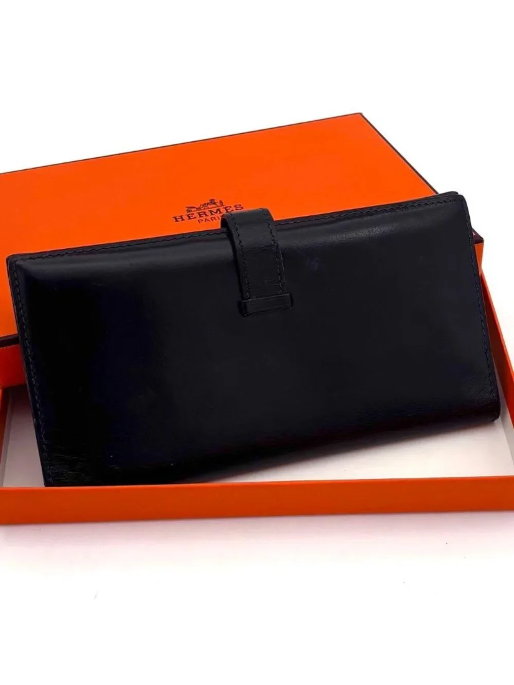 Hermes Bearn Classic Box Calf Navy Blue Wallet Bifold